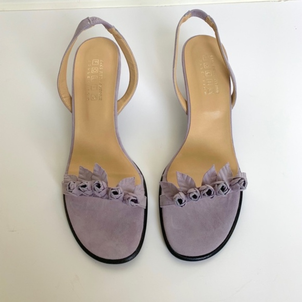 Lilac Suede Kitten Heel Strappy Sandals with Rosette Details from Saks Fifth Ave